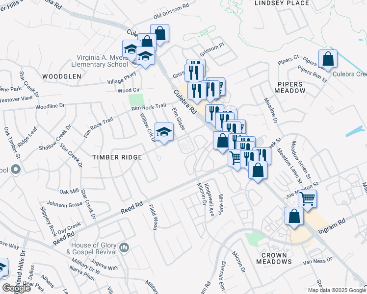 map of restaurants, bars, coffee shops, grocery stores, and more near 3200 Timber View Drive in San Antonio