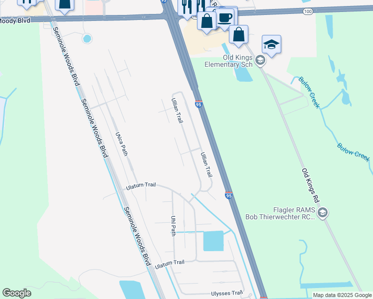 map of restaurants, bars, coffee shops, grocery stores, and more near 8 Ullman Court in Palm Coast