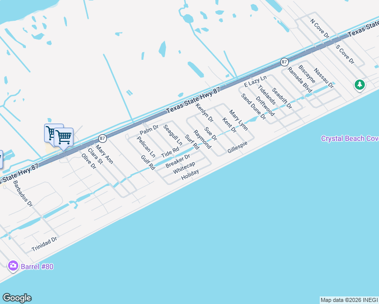 map of restaurants, bars, coffee shops, grocery stores, and more near 2629 Breaker Drive in Bolivar Peninsula