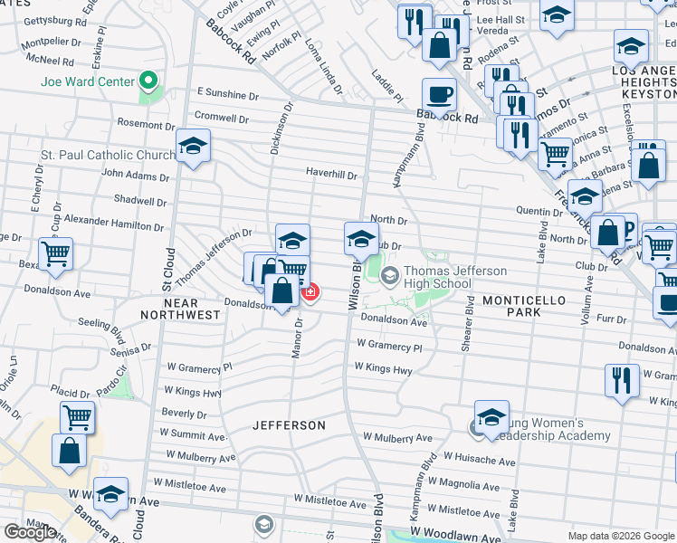map of restaurants, bars, coffee shops, grocery stores, and more near 116 Alexander Hamilton Drive in San Antonio
