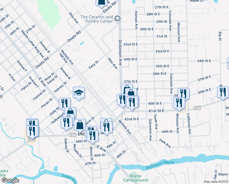 map of restaurants, bars, coffee shops, grocery stores, and more near 4031 Blueberry Court in Dickinson