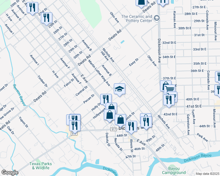map of restaurants, bars, coffee shops, grocery stores, and more near 2821 Chicago Street in Dickinson