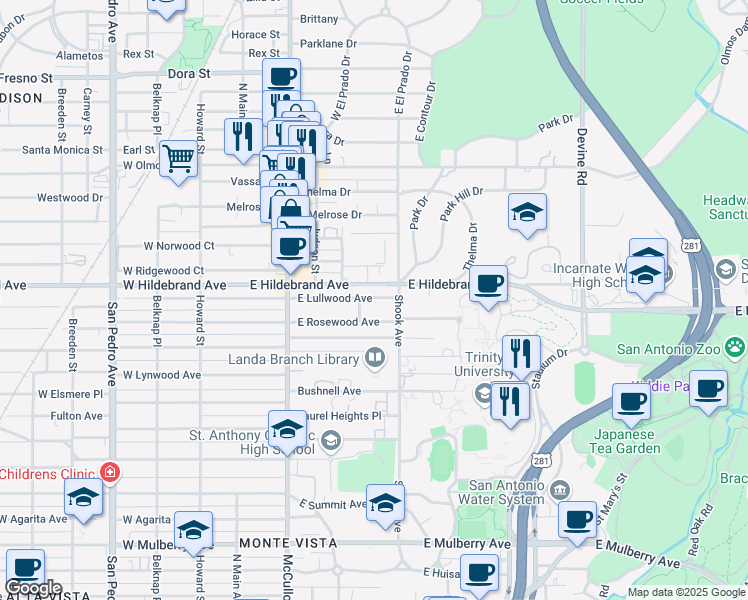 map of restaurants, bars, coffee shops, grocery stores, and more near 302 East Lullwood Avenue in San Antonio