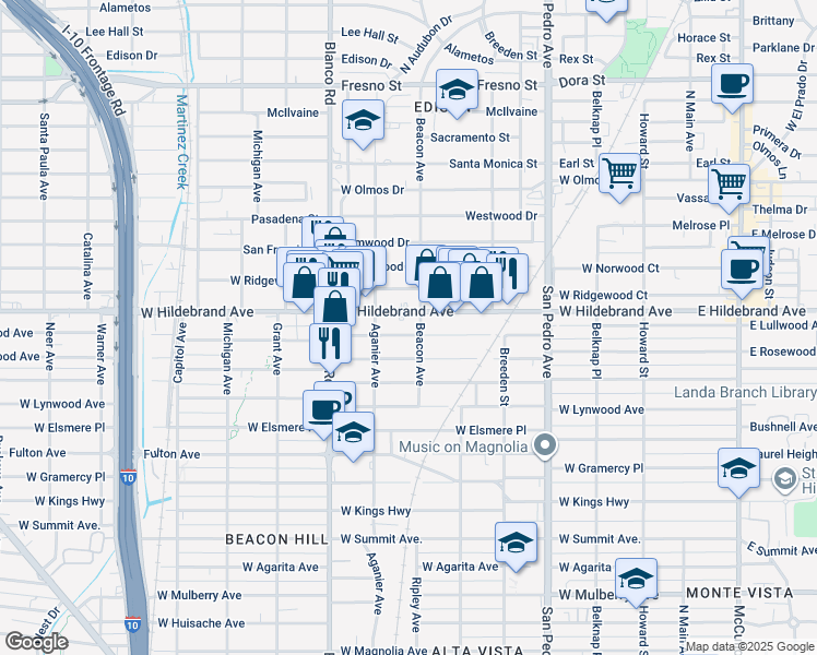 map of restaurants, bars, coffee shops, grocery stores, and more near 719 West Lullwood Avenue in San Antonio