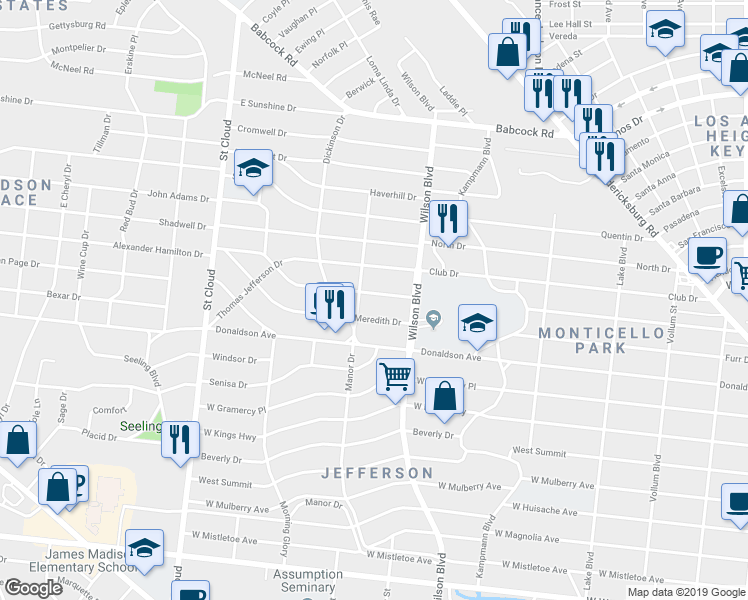 map of restaurants, bars, coffee shops, grocery stores, and more near 154 Alexander Hamilton Drive in San Antonio
