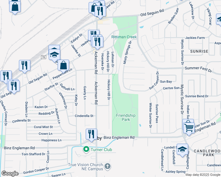 map of restaurants, bars, coffee shops, grocery stores, and more near 2002 Hickory Hill Drive in San Antonio