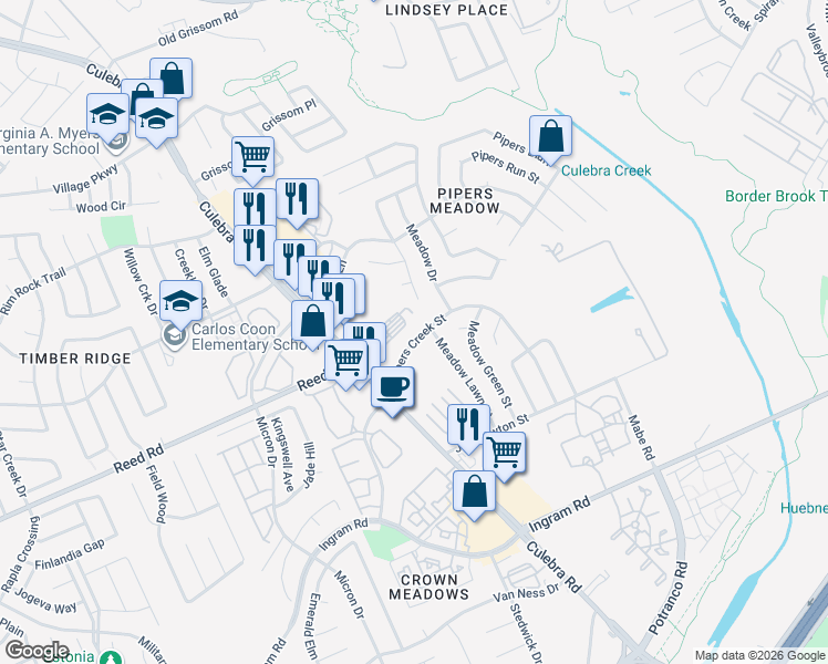 map of restaurants, bars, coffee shops, grocery stores, and more near 7731 Pipers Creek Street in San Antonio