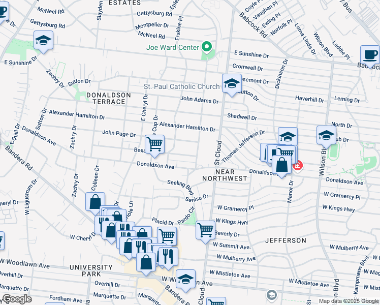 map of restaurants, bars, coffee shops, grocery stores, and more near 211 Bexar Drive in San Antonio