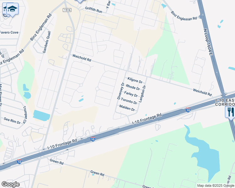 map of restaurants, bars, coffee shops, grocery stores, and more near 4040 Diversey Drive in Converse