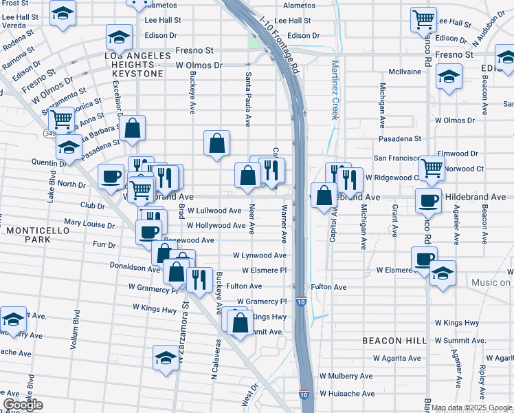 map of restaurants, bars, coffee shops, grocery stores, and more near 1343 West Lullwood Avenue in San Antonio