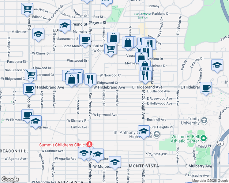 map of restaurants, bars, coffee shops, grocery stores, and more near 206 West Lullwood Avenue in San Antonio