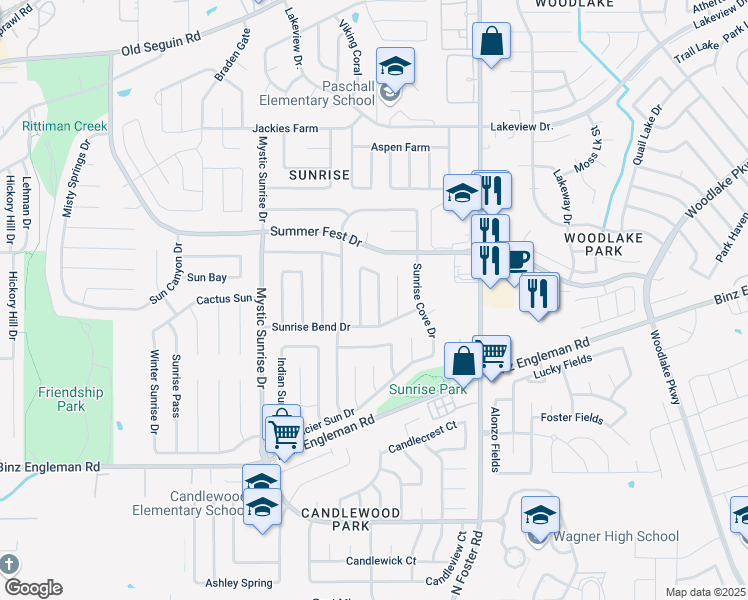 map of restaurants, bars, coffee shops, grocery stores, and more near 4131 Sunrise Terrace Drive in San Antonio