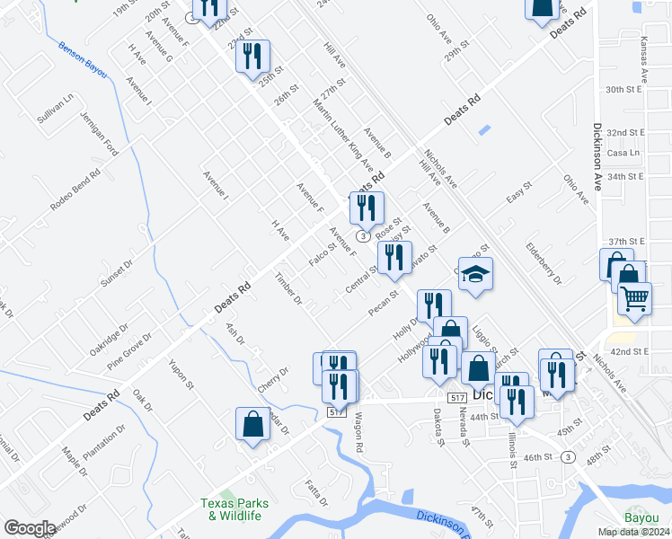 map of restaurants, bars, coffee shops, grocery stores, and more near 3226 Avenue G in Dickinson