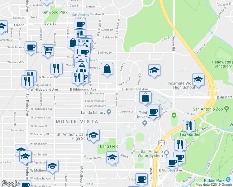 map of restaurants, bars, coffee shops, grocery stores, and more near Shook Ave & E Lullwood Ave in San Antonio