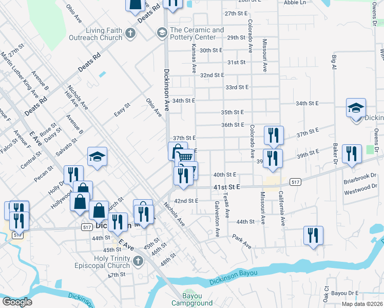 map of restaurants, bars, coffee shops, grocery stores, and more near 4308 38th Street East in Dickinson
