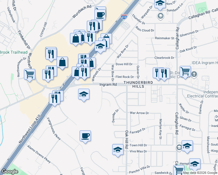 map of restaurants, bars, coffee shops, grocery stores, and more near 6418 Ingram Road in San Antonio