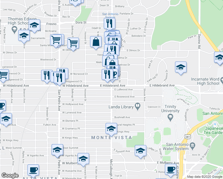 map of restaurants, bars, coffee shops, grocery stores, and more near McCullough Avenue & East Lullwood Avenue in San Antonio