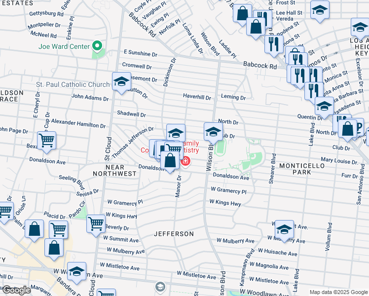 map of restaurants, bars, coffee shops, grocery stores, and more near 154 Alexander Hamilton Drive in San Antonio