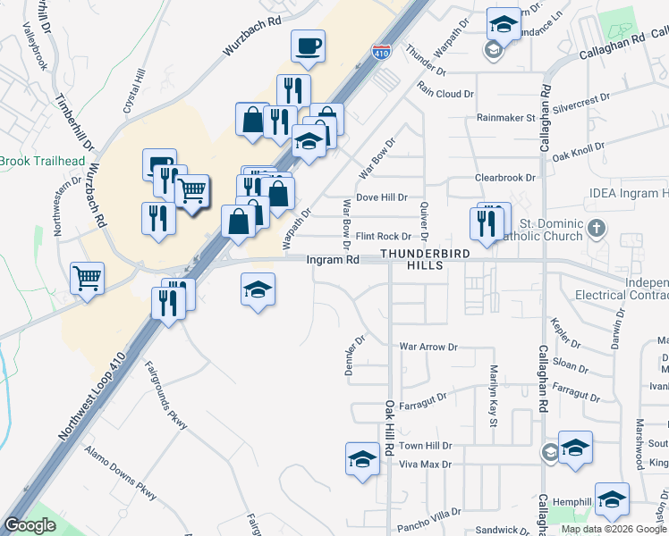 map of restaurants, bars, coffee shops, grocery stores, and more near 6418 Ingram Road in San Antonio