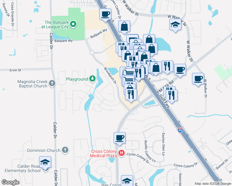 map of restaurants, bars, coffee shops, grocery stores, and more near 243 Harbor Bend Lane in Dickinson