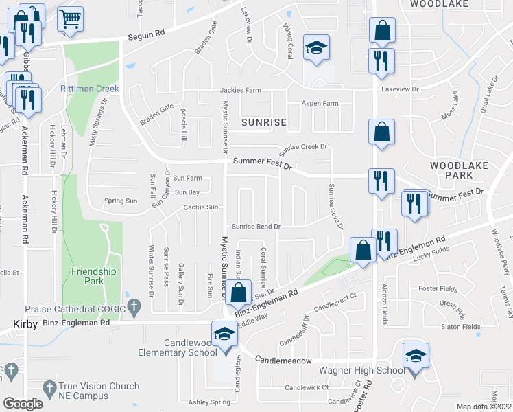 map of restaurants, bars, coffee shops, grocery stores, and more near 4134 Sunrise Point Drive in San Antonio