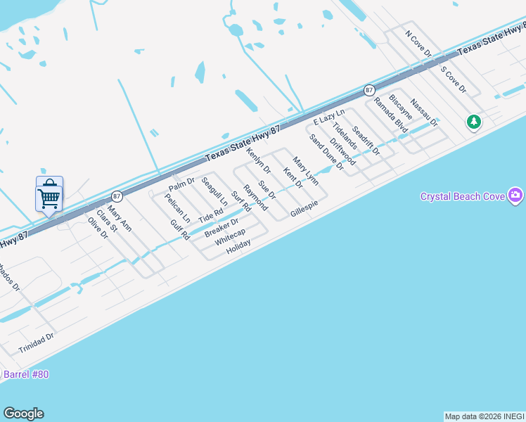 map of restaurants, bars, coffee shops, grocery stores, and more near 937 Raymond in Bolivar Peninsula