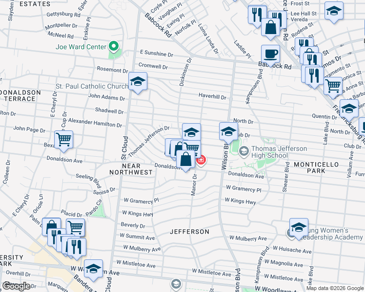 map of restaurants, bars, coffee shops, grocery stores, and more near 302 Alexander Hamilton Drive in San Antonio