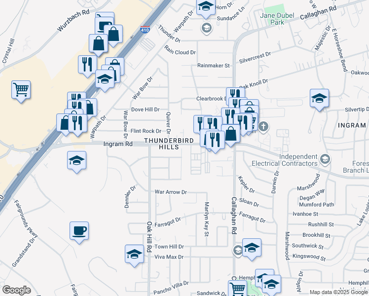 map of restaurants, bars, coffee shops, grocery stores, and more near 3024 Aspen Meadow in San Antonio