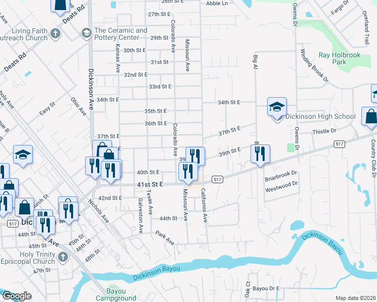 map of restaurants, bars, coffee shops, grocery stores, and more near 4822 38th Street East in Dickinson