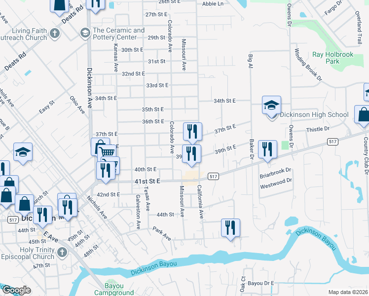 map of restaurants, bars, coffee shops, grocery stores, and more near 4822 38th Street East in Dickinson