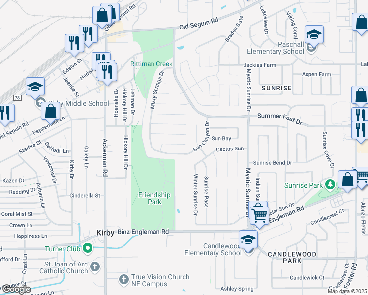 map of restaurants, bars, coffee shops, grocery stores, and more near 5758 Spring Sun in San Antonio