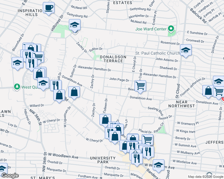 map of restaurants, bars, coffee shops, grocery stores, and more near 634 Bexar Drive in San Antonio