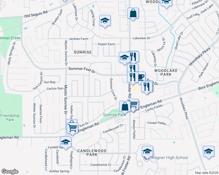 map of restaurants, bars, coffee shops, grocery stores, and more near 4109 Sunrise Cove Drive in San Antonio