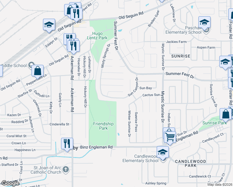 map of restaurants, bars, coffee shops, grocery stores, and more near 5758 Spring Sun in San Antonio
