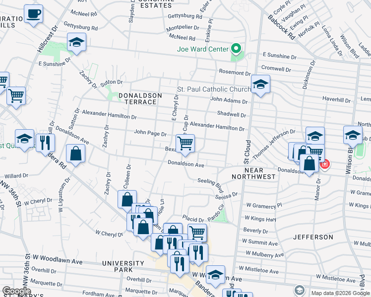 map of restaurants, bars, coffee shops, grocery stores, and more near 327 Bexar Drive in San Antonio
