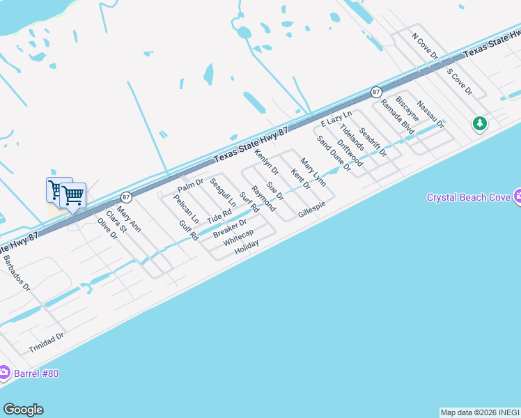 map of restaurants, bars, coffee shops, grocery stores, and more near 937 Raymond in Bolivar Peninsula