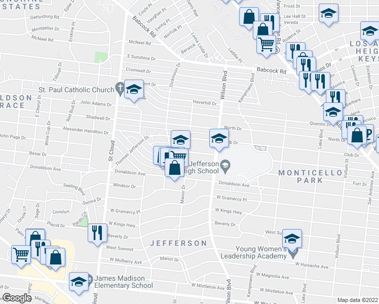 map of restaurants, bars, coffee shops, grocery stores, and more near 157 Alexander Hamilton Drive in San Antonio