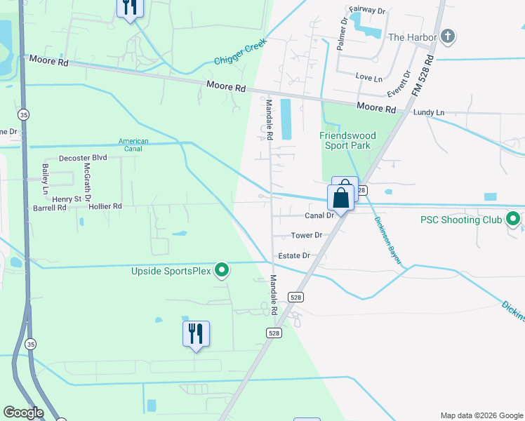 map of restaurants, bars, coffee shops, grocery stores, and more near 120 Canal Drive in Friendswood