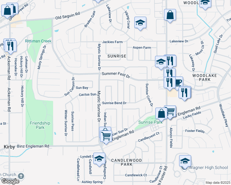 map of restaurants, bars, coffee shops, grocery stores, and more near 4134 Sunrise Point Drive in San Antonio
