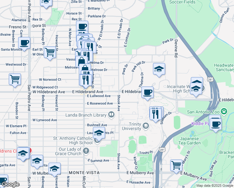 map of restaurants, bars, coffee shops, grocery stores, and more near 100 Park Hill Drive in San Antonio