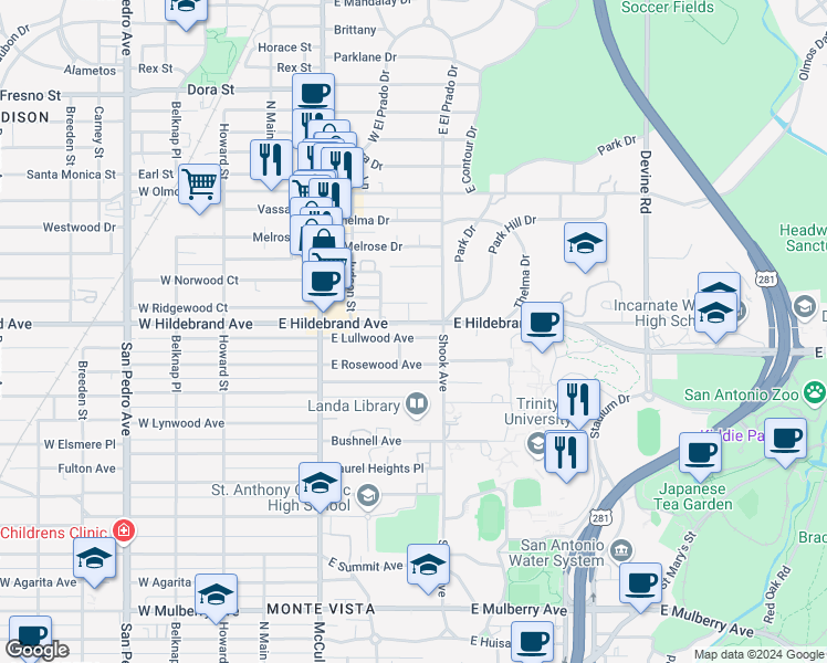 map of restaurants, bars, coffee shops, grocery stores, and more near 302 East Lullwood Avenue in San Antonio