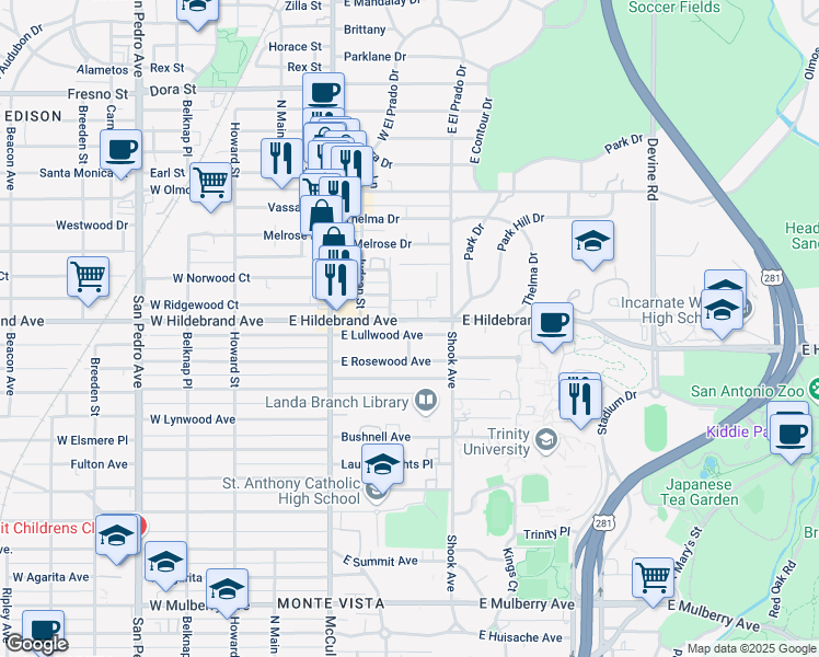 map of restaurants, bars, coffee shops, grocery stores, and more near 302 East Lullwood Avenue in San Antonio