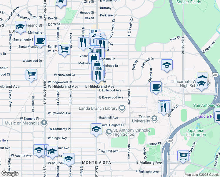 map of restaurants, bars, coffee shops, grocery stores, and more near 247 East Lullwood Avenue in San Antonio