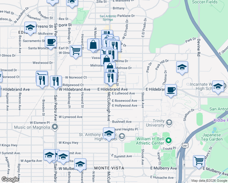 map of restaurants, bars, coffee shops, grocery stores, and more near 206a East Lullwood Avenue in San Antonio