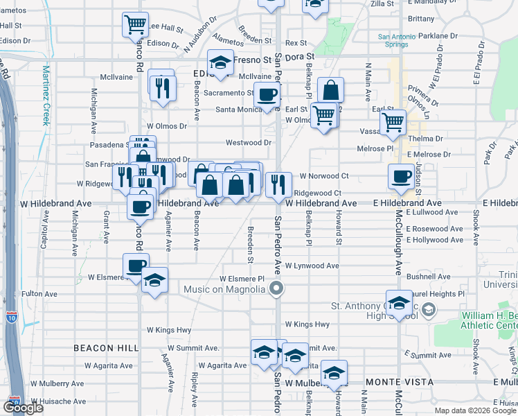 map of restaurants, bars, coffee shops, grocery stores, and more near 440 West Hildebrand Avenue in San Antonio