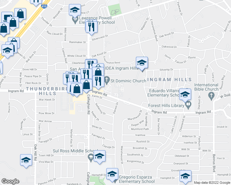 map of restaurants, bars, coffee shops, grocery stores, and more near 5823 Fermi Drive in San Antonio