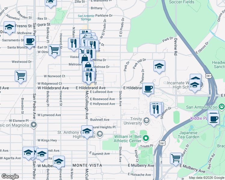 map of restaurants, bars, coffee shops, grocery stores, and more near 302 East Lullwood Avenue in San Antonio