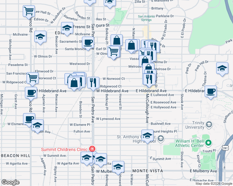 map of restaurants, bars, coffee shops, grocery stores, and more near 206 West Lullwood Avenue in San Antonio
