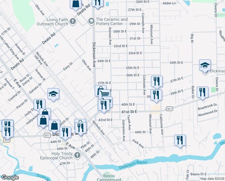 map of restaurants, bars, coffee shops, grocery stores, and more near 4308 38th Street East in Dickinson