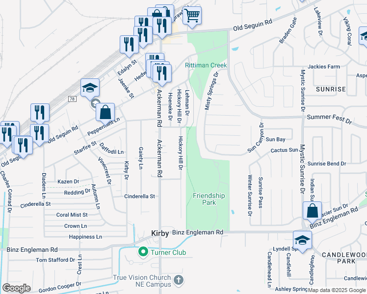 map of restaurants, bars, coffee shops, grocery stores, and more near 2002 Hickory Hill Drive in San Antonio